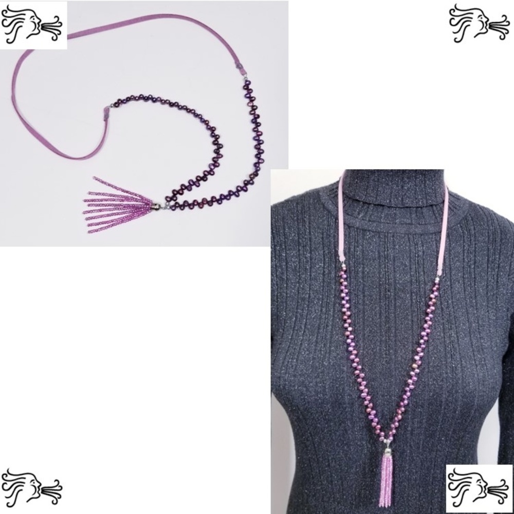 Magenta Purple Freshwater Pearl & Suede Necklace